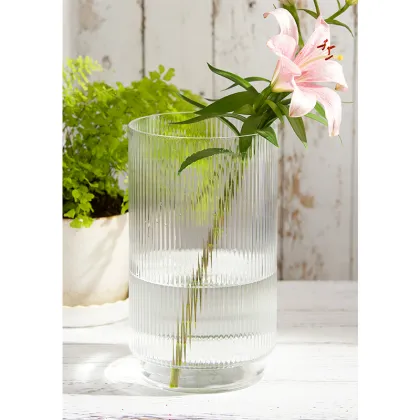 Ribbed Smokey grey Glass Vase candle holder