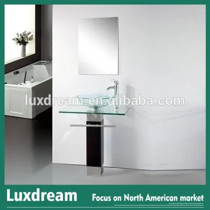 Wooden shelf clear glass vessel basin simple bathroom cabinets