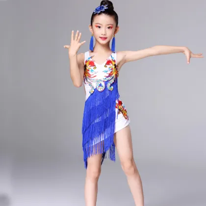 Phoenix pattern tassels competition professional Latin dance costumes girls