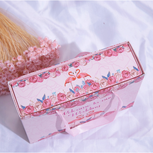 Pink Foldable Drawer Gift Box with Ribbon Handle