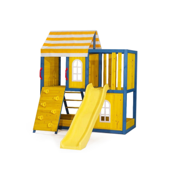 Outdoor Waterproof Children's Wooden Playhouse with Slide and Climbing Wall