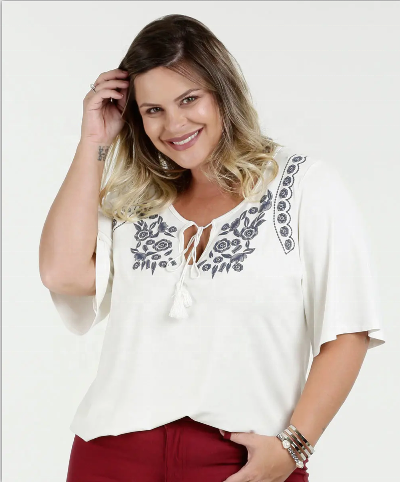 Os mais novos designs de blusa casual feminina blusa bordada