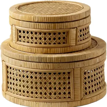 Cesto portaoggetti in rattan intrecciato a mano con coperchio