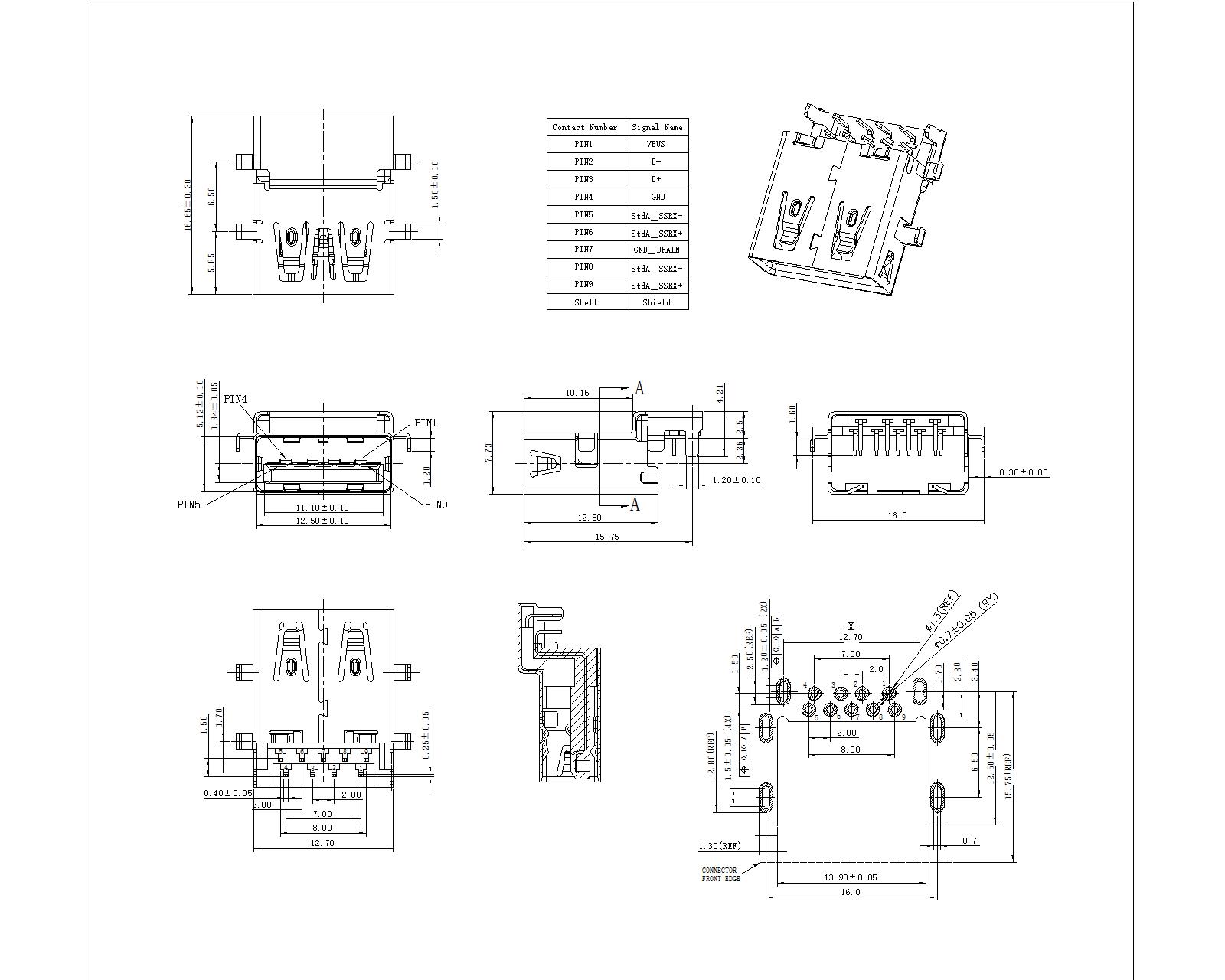 U3AFR07 USB A Female 3.0 Dip through hole , Reverse sink type