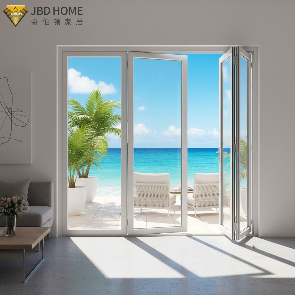 Siostam doras dà-fhillte alùmanum dearbhte le sealladh cuan panoramach