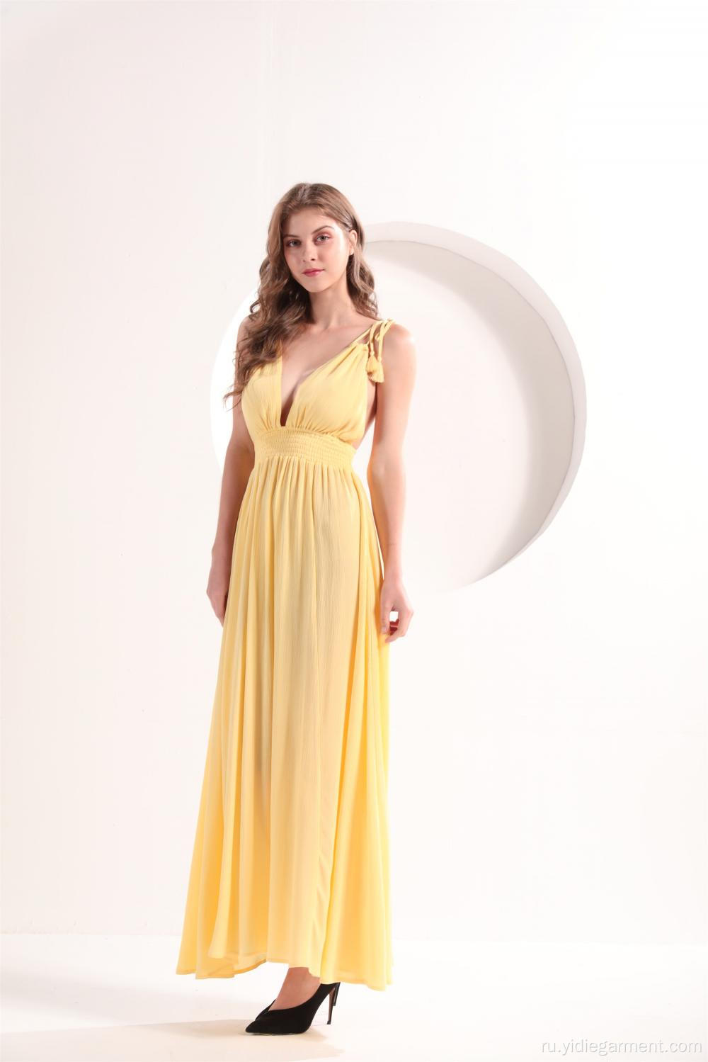 Женское желтое платье с V-образным вырезом