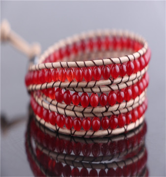 Preiswerter Preis rote Jade Stein Perlen 3 Leder Wickelarmband Frauen für den Verkauf