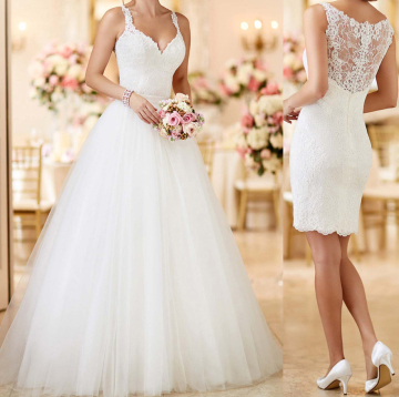 Two Piece Lace Wedding Dress with Detachable Train Tulle Skirt