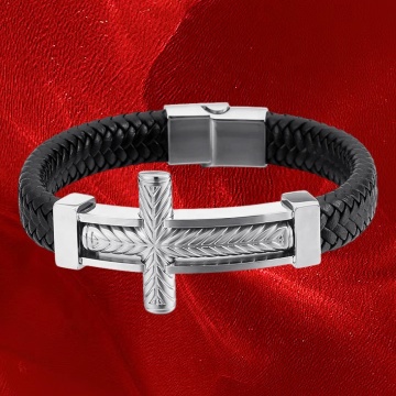 DADA New Punk Stainless Steel Cross Men's Leather Rope Bracelet