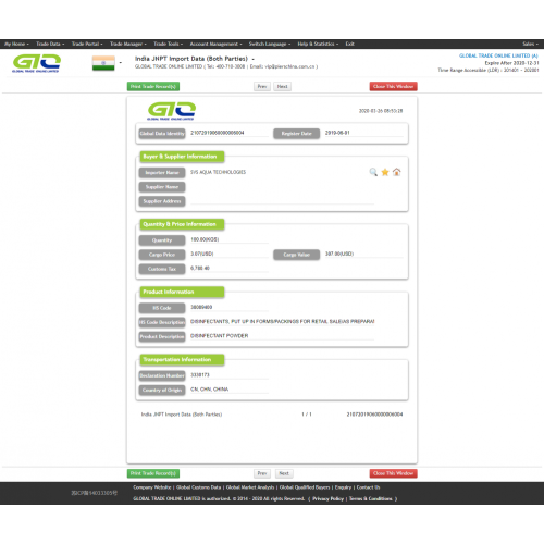 Disinfectant India import database