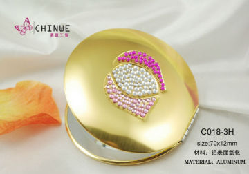 Small round Foldable makeup mirror/ handheld professional aluminum makeup mirror with rhinstones