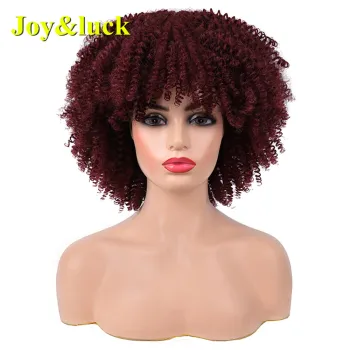 Wholesale Prices Fringe Wig For Black Women With Bangs Daily Wear Afro Kinky Curly Short Wine Red Color Fluffy Synthetic Wigs