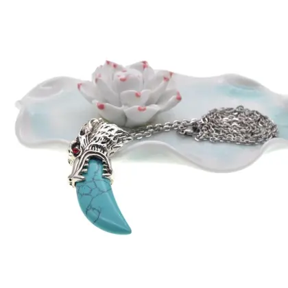 Handcrafted Silver Wolf Head Turquoise Tooth Pendant Necklace with 60CM Chain for Men - Priceless Stone Edition