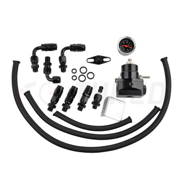 Universal Aluminum Fuel Pressure Regulator Kit with AN6 Fittings, Gauge, and Black Braided Line