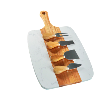 White Marble and Acacia Wood Serving Board with Knives