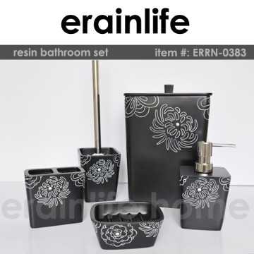 5 pcs white flower pattern black polyresin bathroom accessories set/ bathroom set
