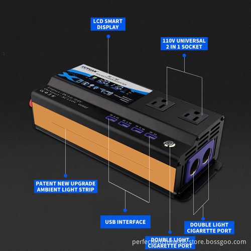 2000W Universal 12V/24V to 110V/220V Dual Voltage Vehicle-Mounted Inverter with 4 USB Ports and Lamp