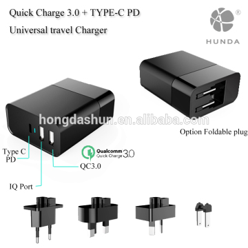 9.6A 3-Port USB QC 3.0 + Type C with PD Charger, US UK EU International Travel Adapter