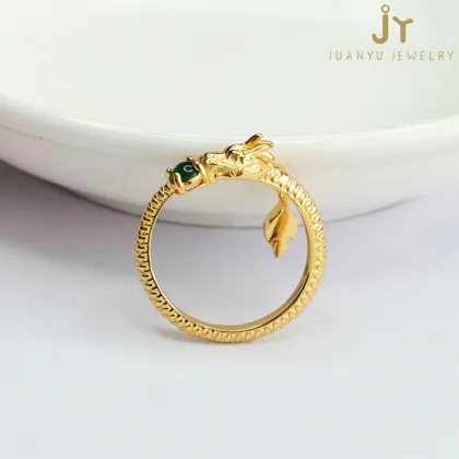 Chinese Zodiac Green Myanmar Jade Dragon Shape Rings in S925 Silver - Natural Jadeite Jewelry