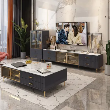 Modern Minimalist Luxury Living Room Set: Rock Panel Coffee Table, TV Cabinet & More