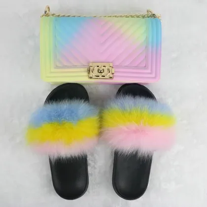 100%Real Fox Fur Slippers Women Fur Slides Rainbow Shoe Cute Fur Flip Flops Women Travel Furry Shoes Jelly Bags Set Fashion Bags