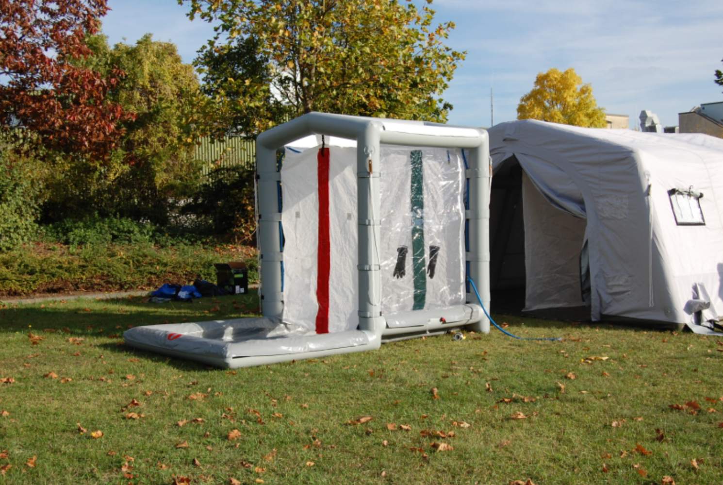 Inflatable decontamination chamber outdoors