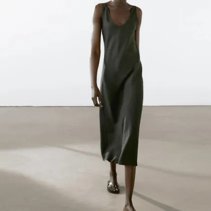 Women's French elegant minimalist style luxurious linen dress