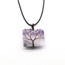 Druzy Amethyst Silce Handmade Wrapped Brass Wire life of tree Pendant Necklace 45cm Black Cord