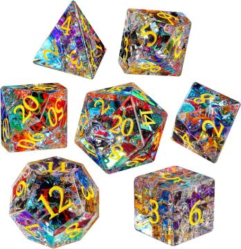 Hoge dichtheid regenboog gebarsten glas DND dobbelstenen 7-delige polyhedrale dobbelstenen set voor DND TTRPG, Crystal Crack Glass Designer dobbelstenen