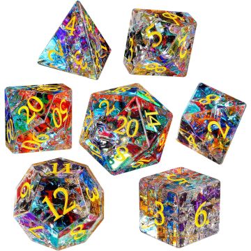 High Density Rainbow Cracked Glass DND Dice 7 Piece Polyhedral Dice Set for DND TTRPG, Crystal Crack Glass Designer Dice