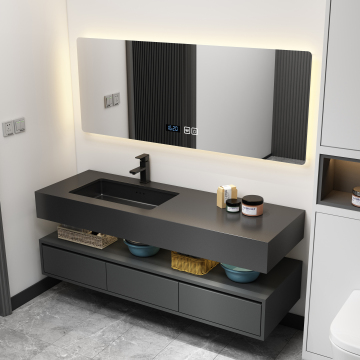 Bộ trang điểm phòng tắm gắn trên tường màu đen hiện đại với tủ gương - Nhà cung cấp Vanity nổi sang trọng
