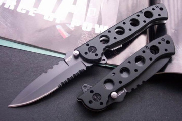 black-Ti finish combo edge blade pocket knife w,black aluminum handle and machined hole cutout