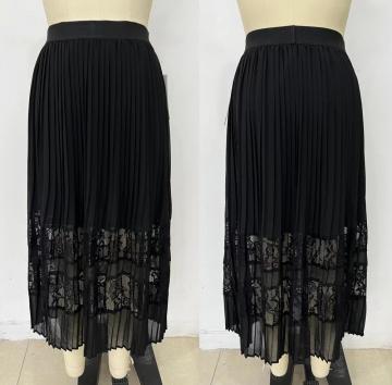 Black Color Elastic Waist Lace Design Flounced Skirt