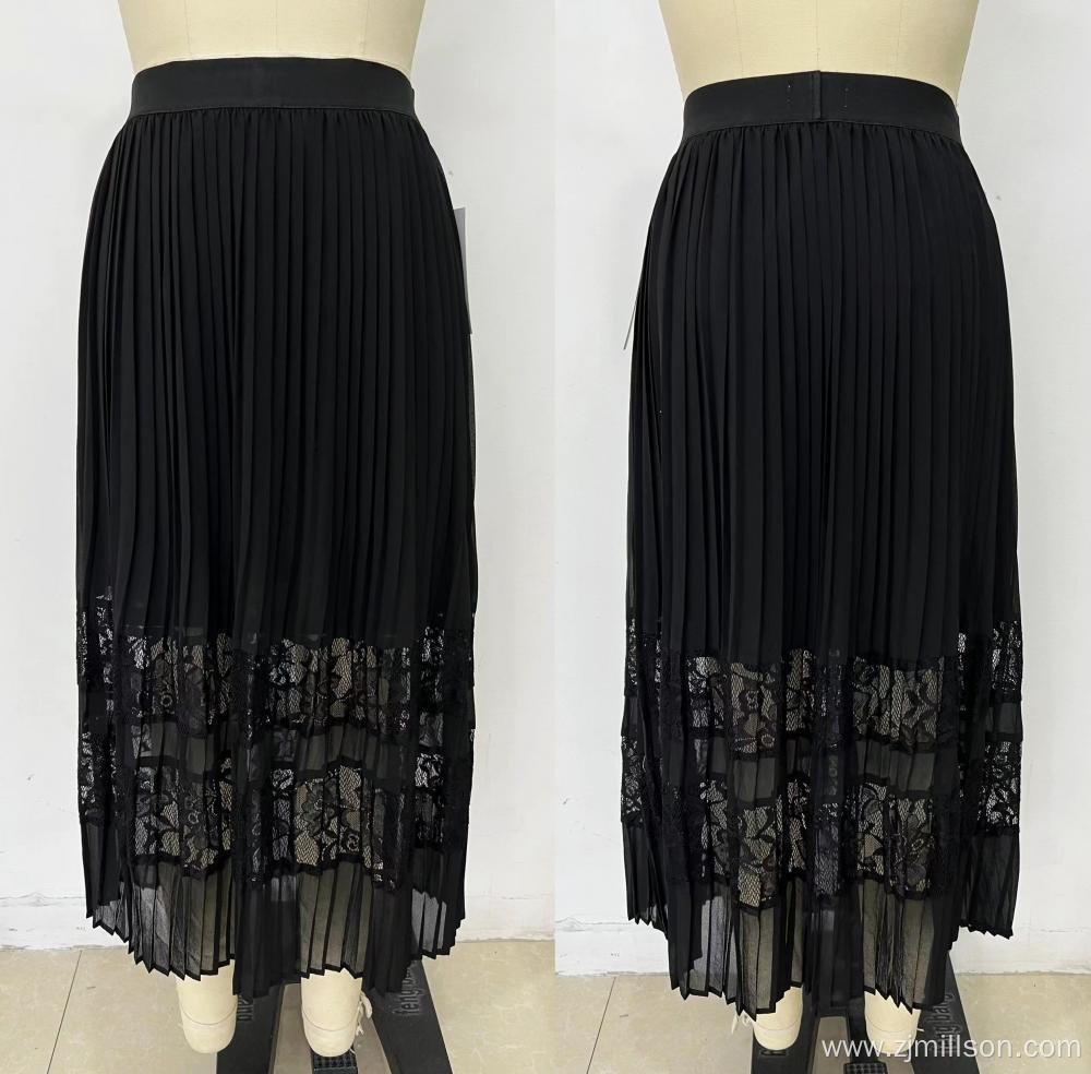 Black Color Elastic Waist Lace Design Flounced Skirt