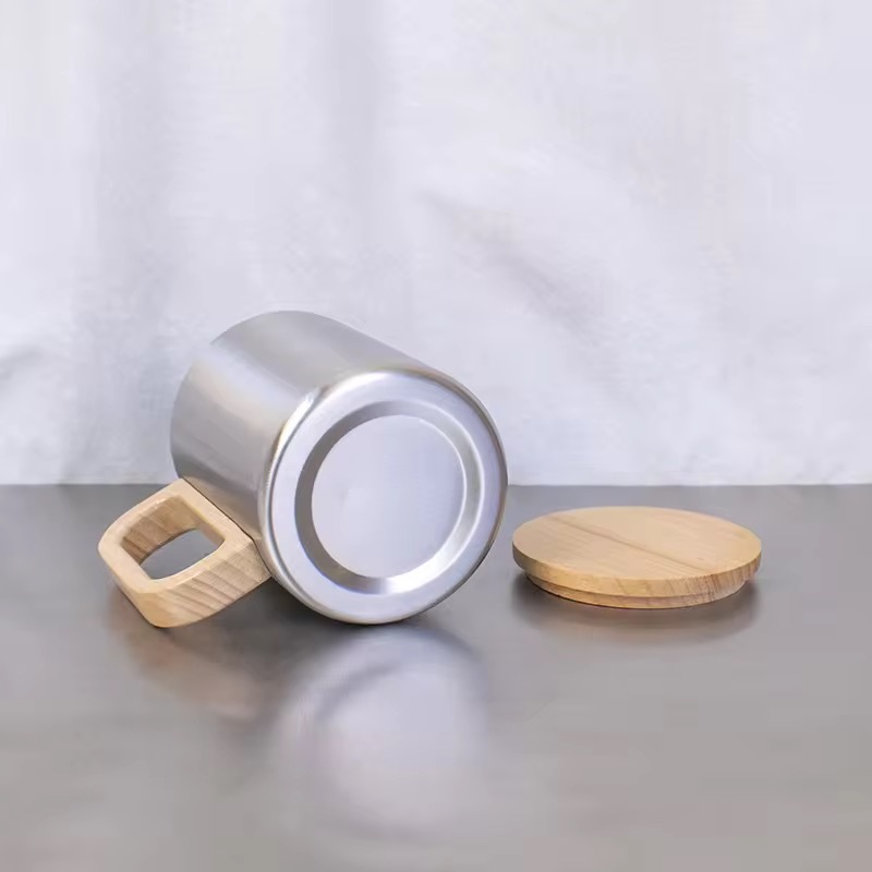 Stainless Steel Mug with Wooden Handle and Lid