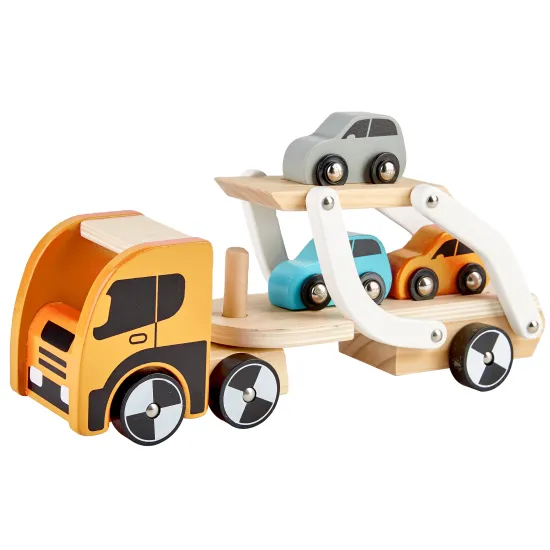 High-Quality Wooden Double-Deck Car Trailer Toy with Folding Ramp and 3 Mini Cars for Boys