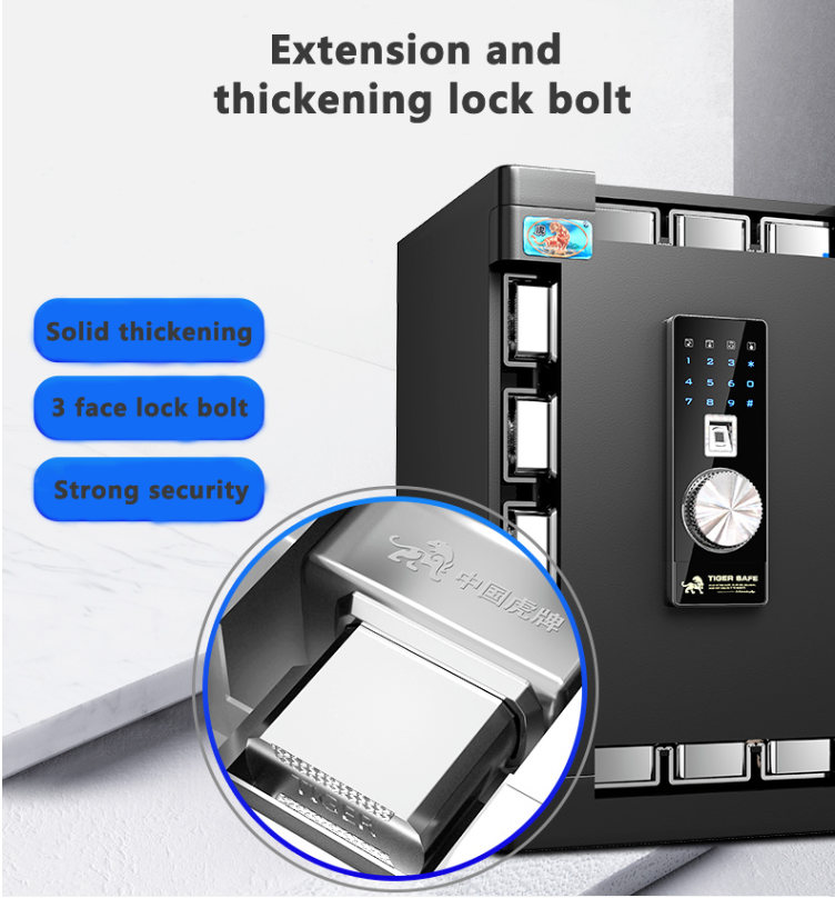 This special fingerprint safe for office documents adopts an extended and thickened alloy lock bolt, three-sided linkage for joint anti-theft, a solid integrated curved panel, and is anti-smashing and anti-prying.