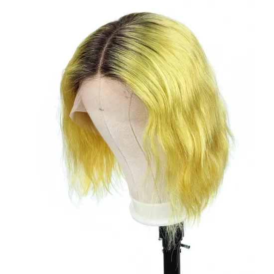 Wholesale 10A Raw Burmese Vrigin Human Hair Body Wave Curly Blunt Cut Ombre Yellow Colored Lace Front Bob Wig