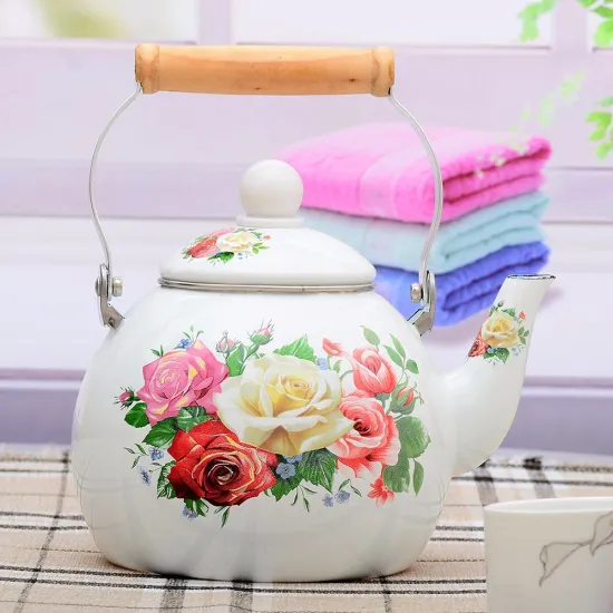 Flower Decal Enamel Kettle Withc Wooden Handle