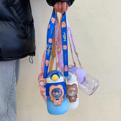 Cartoon Cute Plastic Cup High Temperature Portable Straw Cup Diagonal Strap Water bottle cute water bottle