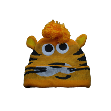Beanie Rajut Pom Pom Telinga 3D Harimau Kartun