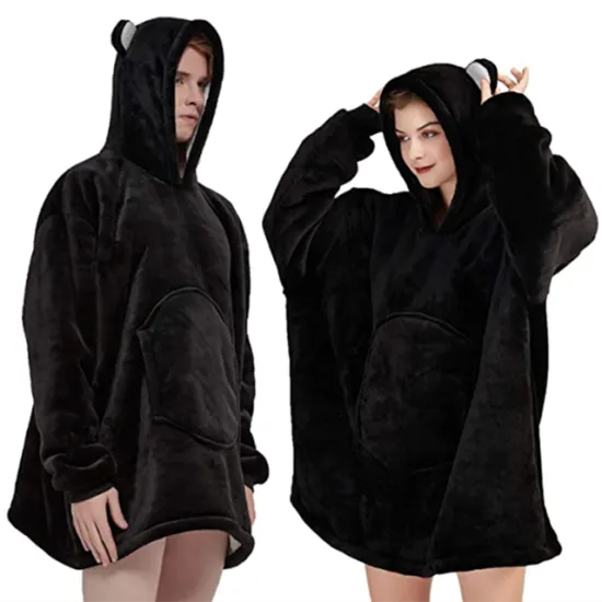High quality oversized sweatshirt blanket hoodie fleece wearable plush black blanket with hoodie