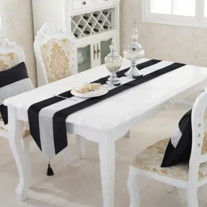 17 1 PCS Table Runners Print Flannel Rhinestones Ribbon Rustic Home Decoration Table Runners Black White Grey