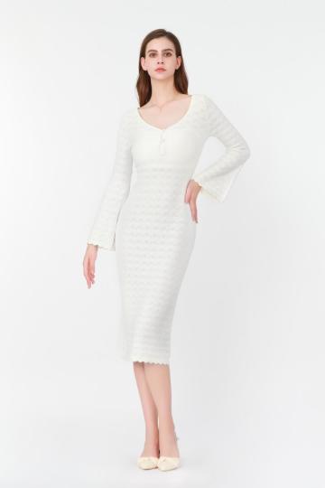 Flared-Sleeve V-neck Kint Dress