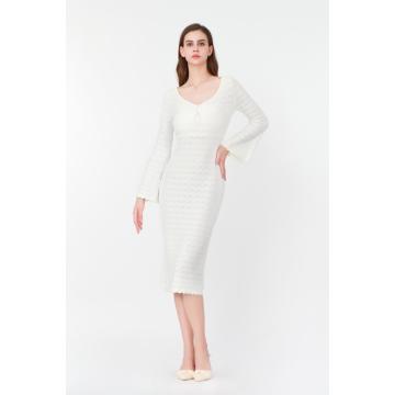 Flared-Sleeve V-neck Kint Dress