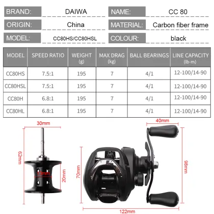 DAIWA CC80 Baitcast Reel - 4+1BB, 6.8/7.5 Gear Ratio, 7kg Max Drag, Metal Light Spool for Predator Fish