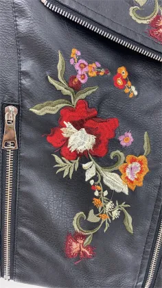 Women's Black Pu Embroidery Jacket