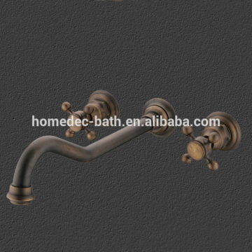 Wall mount dual handles antique brass basin faucet