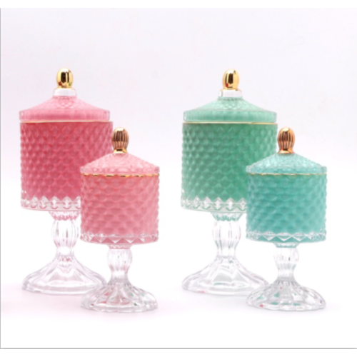 Wholesale glass geo cut candy jar with base