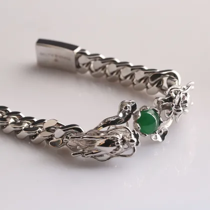Custom Chain Moissanite Gem Stones Bracelet 925 Sterling Silver Punk Style Jade Dragon Bracelet for Men